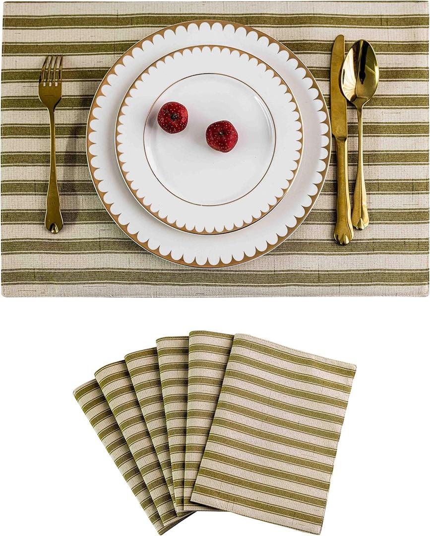 Home Brilliant Placemats Set of 6 Heat Resistant Green Dining Table Place Mats for Kitchen Farmhouse Table, 13 x 19 inches, Stripes, Golden Olive