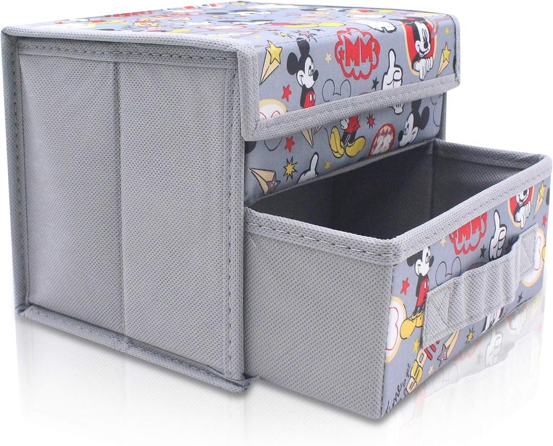 Finex Foldable Collapsible Storage Organizer Box for Desk with Flip Top Lid & Removable Drawer - Gray Mickey