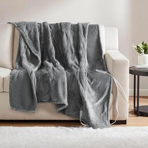 Beautyrest Ogee Printed Plush Electric Blanket for Cold Weather, Fast Heating, Auto Shut Off, Virtually Zero EMF, Multi Heat Setting, UL Certified, Machine Washable, Grey Oversized Throw 60x70