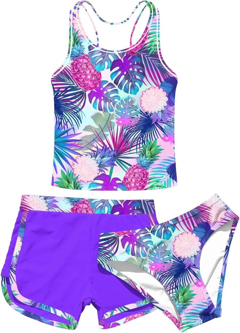 uideazone Girls 3 Piece Bathing Suit Summer UPF 50+ Racerback Swimsuit with Shorts Beach Tankini Sets 8-16 Years (Purple)
