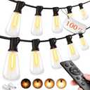 Outdoor String LED Patio Lights - 100Ft 30M Outside Waterproof Light with Remote Dimmable ST38 Shatterproof Bulb Connectable Hanging Outdoor Electric Lighting for Backyard Yard Gazebo Porch Party