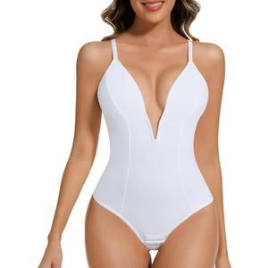 Deep V Bodysuit for Women Thong Shapewear Tummy Control Low Back Shapewear for Women (Small, White)
