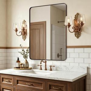 ANDY STAR Bronze Mirror for Wall, 30x36” Rounded Rectangle Bathroom Mirror, Modern Stainless Steel Metal Frame for Vanity