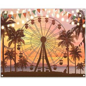 Fabric 10x8ft Summer Seaside Ferris Wheel Photography Backdrop Sunset Hawaiian Beach Palm Tree Background Festival Party Decoration Holiday Photo Banner Booth