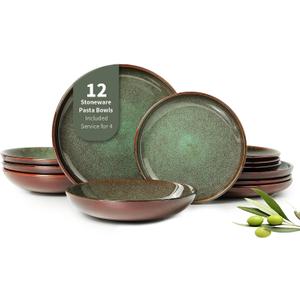 Pokini 12 Piece Dinnerware Sets with Pasta Bowls, Stain Resistant Dish Set, Easy Cleaning Dishes, Multi-Functional Plate and Bowl Set, Stack Compactly Plates, Service for 4 Sage Green