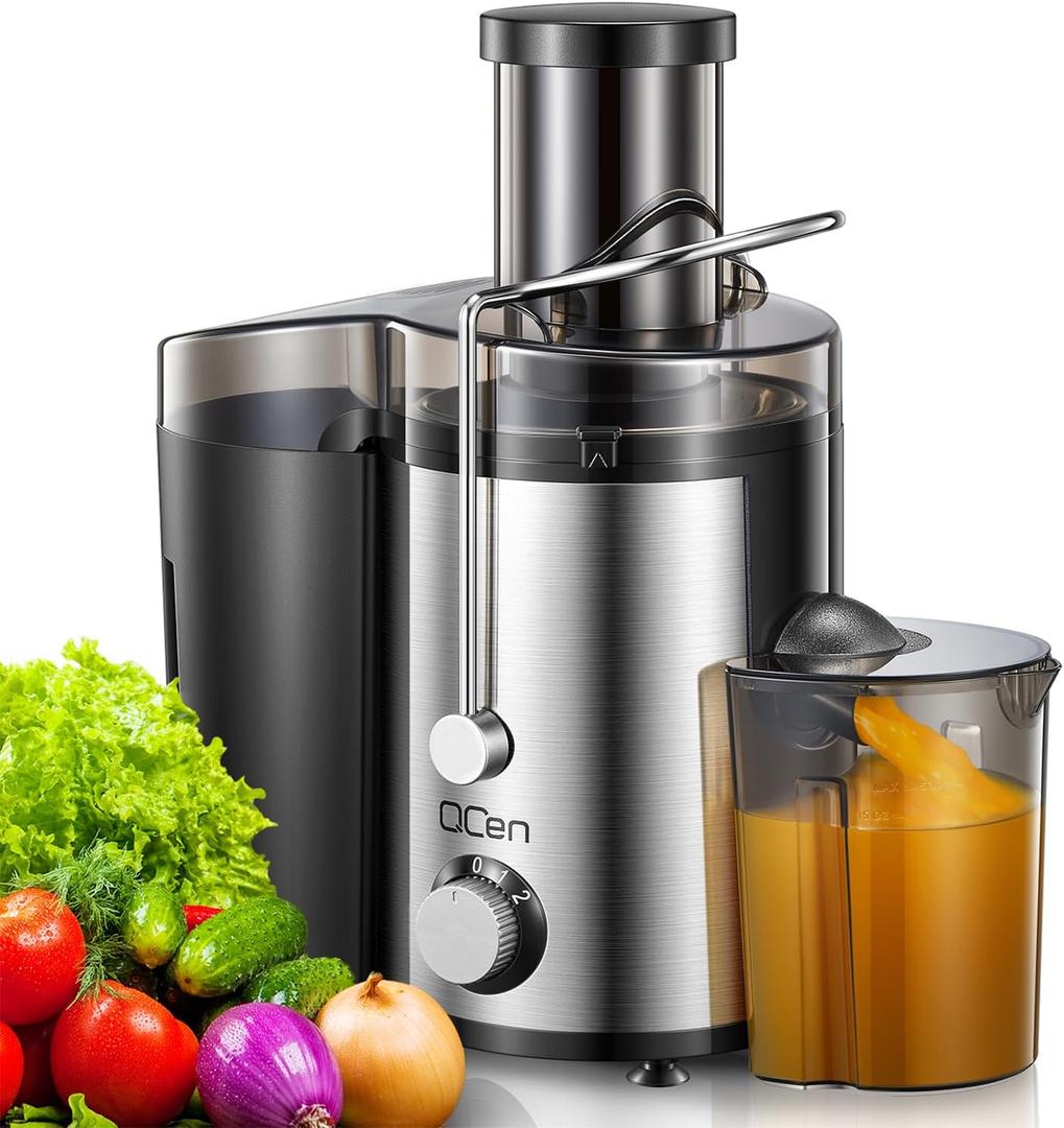 Qcen Juicer Machine, 800W Centrifugal Juicer Extractor with Wide Mouth 3 Feed Chute for Fruit Vegetable, Easy to Clean, Stainless Steel, BPA-free (Black)