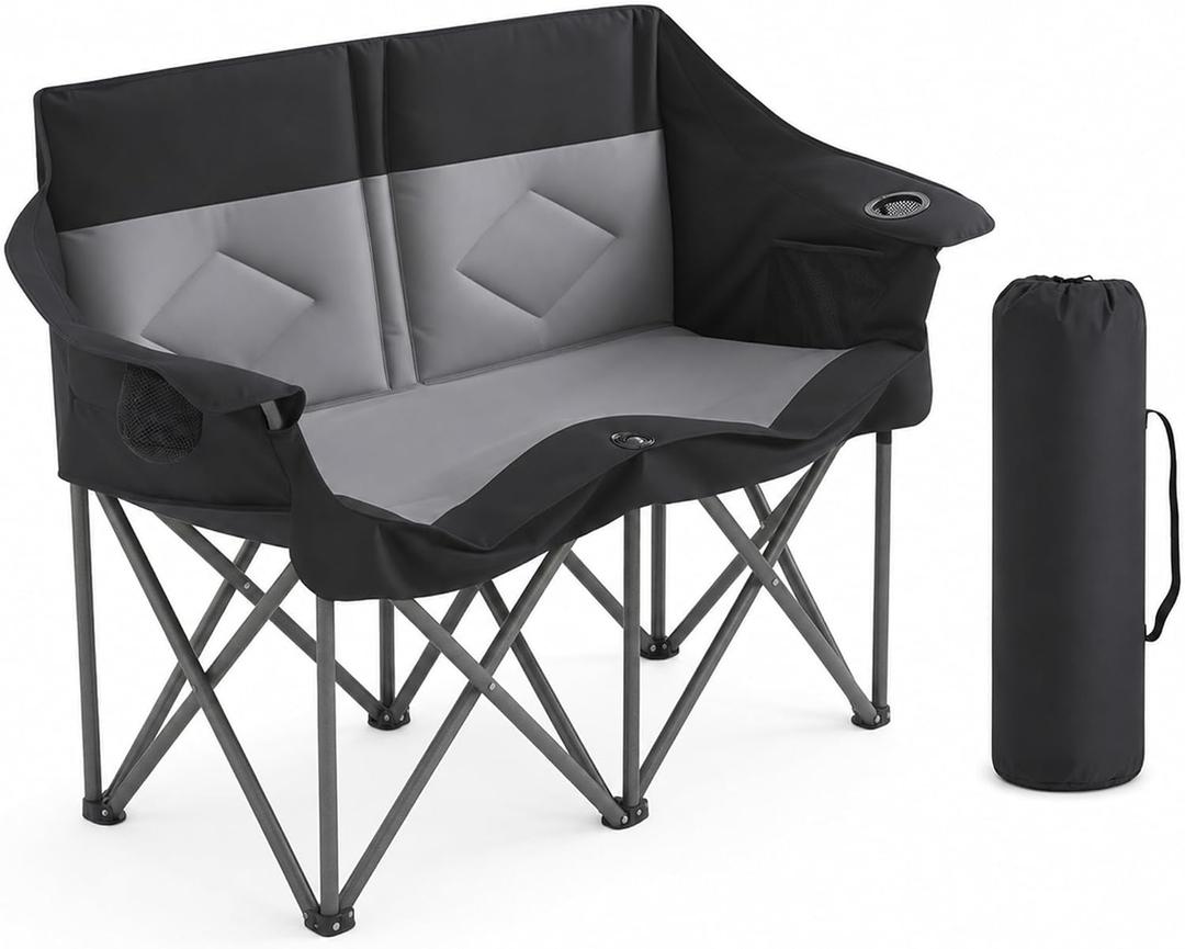 SUWT Foldable Double Camping Chair, 2 Person Heavy Duty Oversized Loveseat Supports 800 LBS, with Cup Holders & Side Pocket, 600D Oxford Fabric for Camping, Picnic, Beach (Black & Gray), 1 PCS