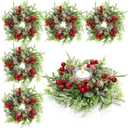 Lyrow 6 Pcs Christmas Candle Rings Wreath Xmas Kitchen Cabinet Mini Wreath Artificial Berries Snowy Pine Candle Ring Holder for Christmas Chandelier Home Table Centerpiece Indoor Decor