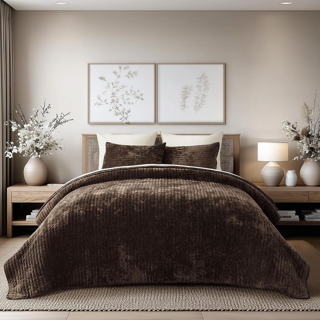 EVERGRACE Velvet Quilt Set Queen Size, Luxurious Soft Striped Channel Bedding Set, Lightweight Velvet Comforter for All Season, Oversized Bedspread Coverlet with 2 Matching Shams, Walnut Brown, Full/Queen