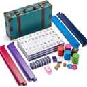 American Mahjong Tile Set 160 Acrylic Tiles with 4 All-in-One Mahjong Tile Racks & Pushers, 12 Zodiac Designs, 4-Layer Colors, 100 Chips, 3 Golden Dice, Vintage Leather Portable Case, 1.3 1 0.6 inches