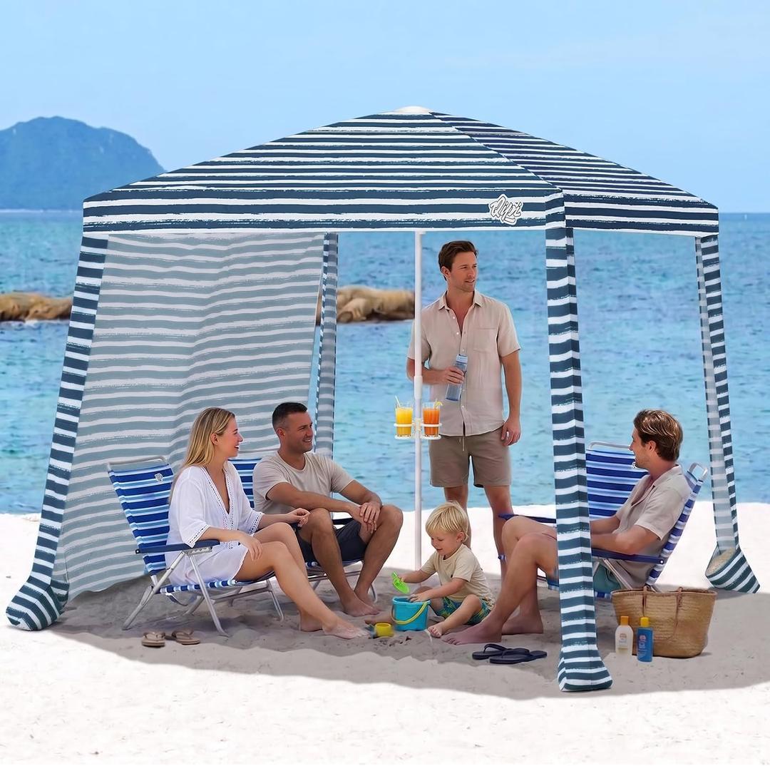 Beach Cabanas for Sand, Foldable Beach Canopy with Sandbags 8' | 43" Compact Fold, 8' x 8' Fits 6 Person, UPF 50+, Wind-Resistant, Privacy Side Wall, Easy Setup, 6.5-8' Adjustable Height