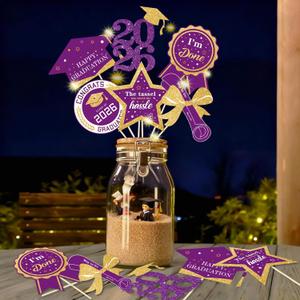 2 x Graduation Party Centerpieces Decorations for Tables Class of 2026-60pcs Glitter Purple and Gold Graduation Table Centerpieces Sticks with LED String Lights for Graduation Party Decor Supplies
