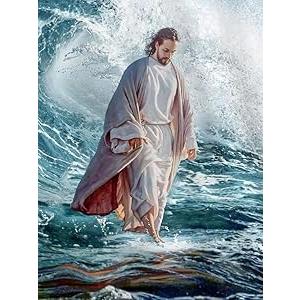 Zythron Jesus Diamond Art Kits for Adults, Jesus Walk On Sea Diamond Painting Kits for Adults Beginners, Jesus Christ Religious DIY 5D Round Full Drill Diamond Paintings Gem Art 12x16 inch