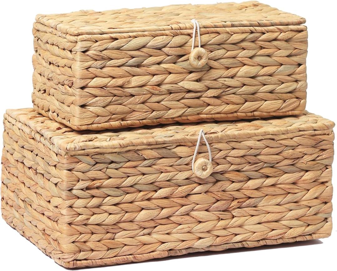LUSYDECO Set of 2 Rectangular Wicker Storage Bins with Lid, Rattan Basket Decorative Boxes, Multipurpose Organizer Display Boxes for Shelf Organizer, Boho Rattan Box for Home Decoration