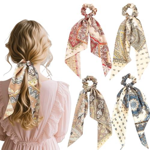 Aodes 4 Pieces Silky Satin Chiffon Hair Ties with Long Ribbon Bow Scrunchies, Ponytail Holders Rubber Bands, Knotted Bow Silk Hair Ties for Women and Girls
