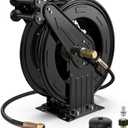 Pressure Washer Hose Reel, Double Arm 3/8 in x 50 ft Retractable Pressure Washer Reel, Auto Rewind Heavy Duty Steel Professional Power Wash Hose Reel with 5 ft Lead for Air/Oil/Water 4000 PSI
