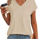 SAMPEEL Women's V Neck Cap Sleeve T-Shirt (Beige, M)