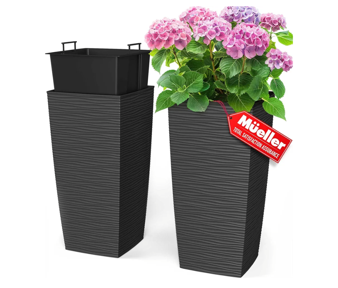 Mueller M-Resin Heavy Duty Tall Planters for Outdoor Plants, Indoor Grande Plant Pots, Boxes, Trees, Flower Pots, 2-Piece Set, 18”, Modern Design, Built-in Drainage, Front Porch Decor
