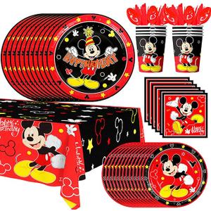 Mickey Mouse Birthday Decoration Tableware, 141 Pieces Mickey Mouse Party Set - Tablecloth Mickey Mouse Birthday Paper Plates Paper Cups Napkins etc. Mickey Party Tableware for Mickey Mouse Children's