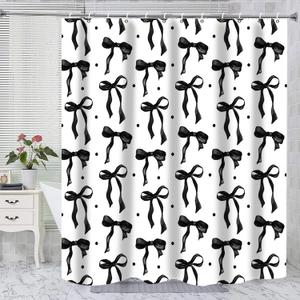 Shower Curtain Black and White, Bow Shower Curtain Set with Hooks, Black Bow Bathroom Accessories Cute Black Bathroom Shower Curtain Waterproof, Girly Bathroom Decor for Teen Girls Women 72x72 Inch