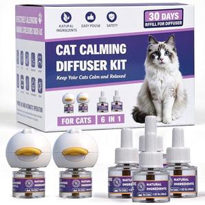 Cat Calming Pheromone Diffuser, Cat Anxiety Relief Diffuser Plug in Calmer with 2 Diffusers & 4 Refills, Reduce Cat Anxiety, Cat Fighting, Urine Marking, Scratching & Stress 48ml/Bottle for All Cats