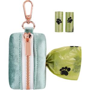 ARING PET Dog Waste Bag Dispenser, Velvet Green Doggy Poop Bags Holders Attach to Any Leashes, Portable Washable Pet Waste Pouch Dispenser with Metal Zipper (1 Count (Pack of 1))