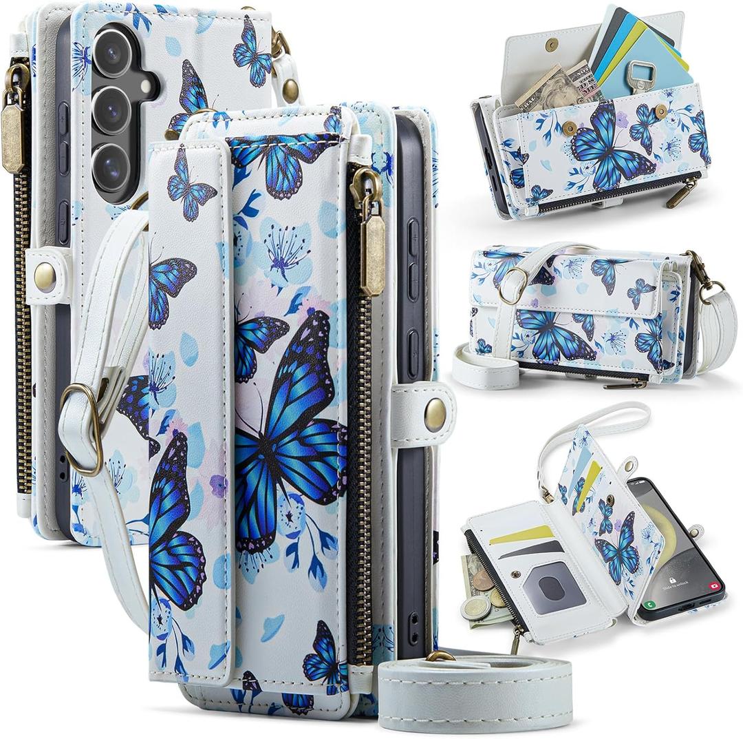 for Samsung Galaxy S24 Case Wallet with RFID Blocking Card Holder Colored Drawing PU Leather Magnetic Snap Flip Zipper Strap Wallet Phone Case Fit for Galaxy S24,Aurora Butterfly