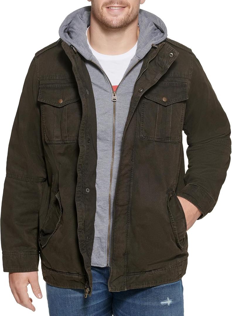 Levi's Men's Washed Cotton Hooded Military Jacket (Regular & Big & Tall Sizes) (Black)