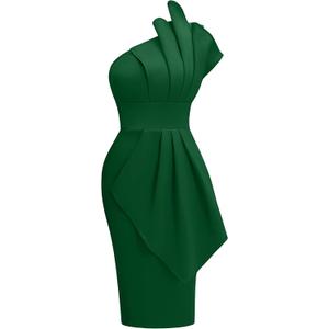 Memoriesea Women's Elegant One Shoulder Pleated Detail Bodycon Party Club Midi Dress (X-Large, Green)