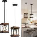 Genuine Wood Farmhouse Pendant Light, 2 Pack Rustic Farmhouse Linear Chandelier with Wood and Metal Cage, Kitchen Island Pendant Light Adjustable Height for Dining Room Light Kitchen Island Bedroom