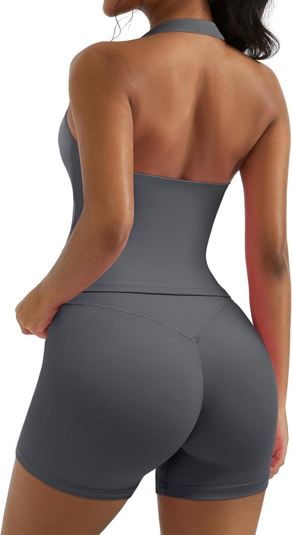 OMKAGI 2 Piece Workout Sets for Women Halter Sports Bra Tank Gym Biker Shorts Outfits (Medium, Grey)