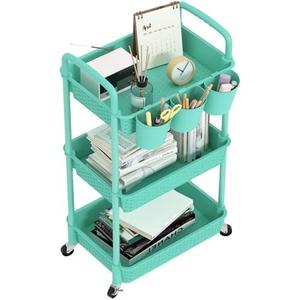 MOYIPIN 3-Tier Plastic Rolling Utility Cart with Handle,Utility Storage Cart for Office, Living Room, Kitchen,Movable Storage Organizer Shelves,Turquoise with 3 Hanging Cups