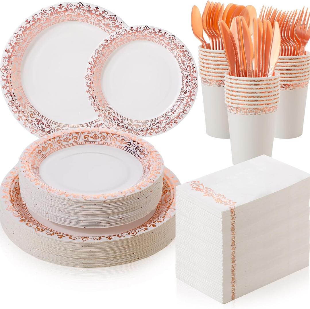 700 Pcs Disposable Dinnerware Set for 100 Guests Include 200 Paper Plates, 300 Plastic Silverware, 100 Paper Cups, 100 Napkins for Wedding Birthday Party Supplies (White Rose Gold Pattern)