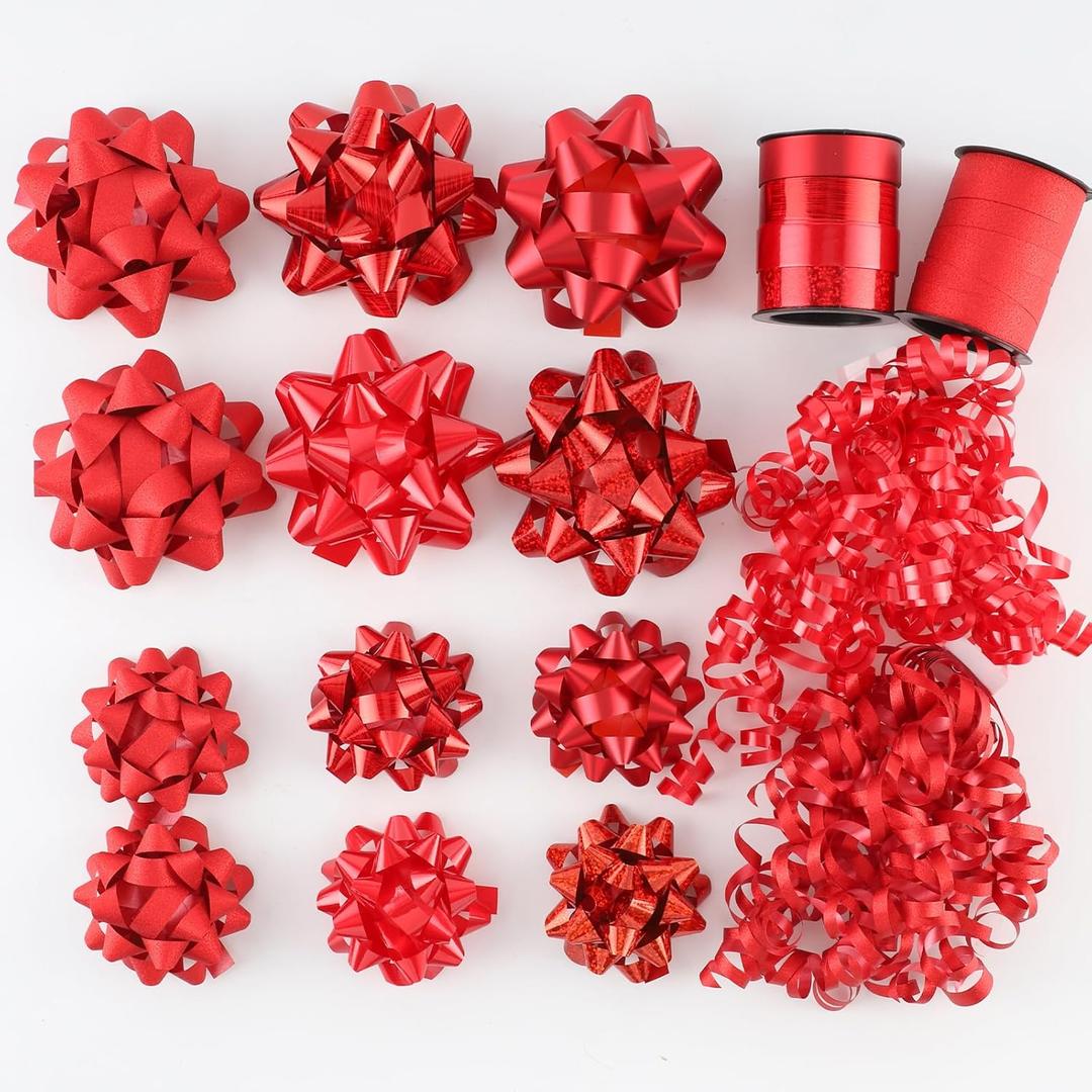 DYSHIPEN 16 Pcs Gift Bows,Bows for Gift Wrapping and Presents,2 Crimped Curling Ribbons,2 Curly Bows,Christmas Bows,for Parties, Birthdays, Weddings. (Red, 3.5in+2.5in)