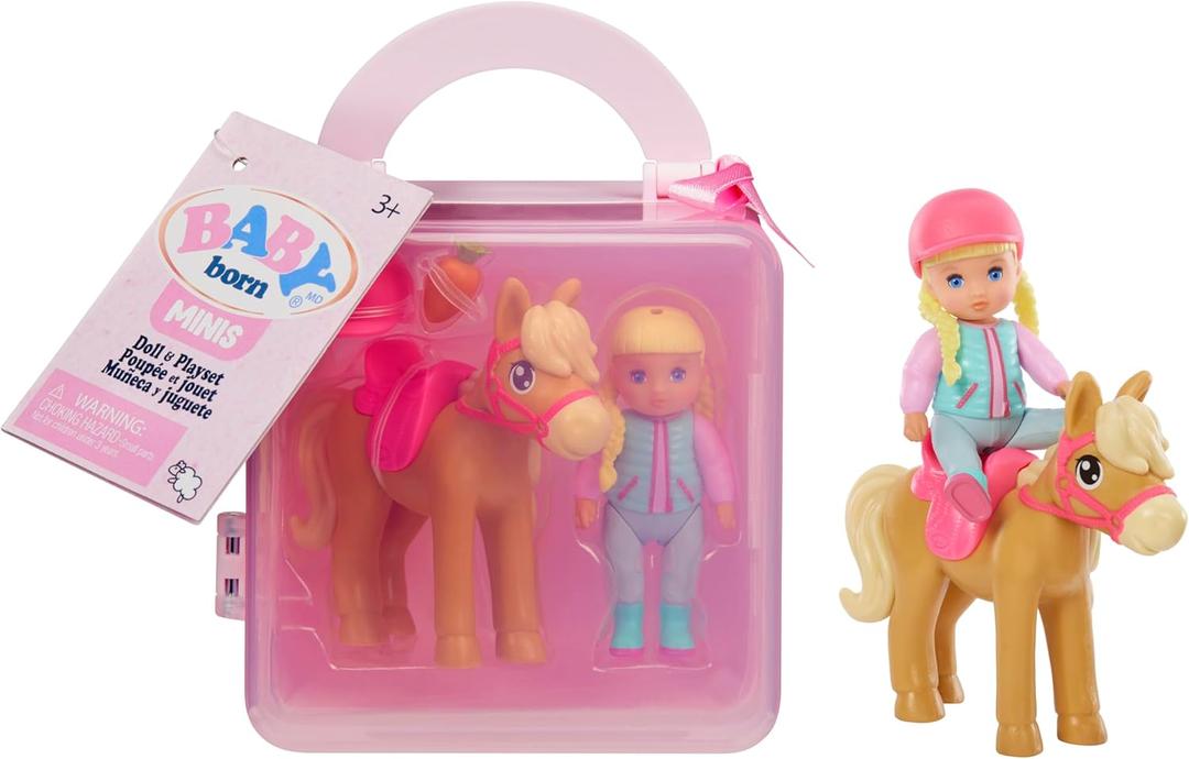 Baby Born MINIS Playset - Light Skin Tone Doll with Blue Eyes, Horse with Helmet & Carrot Accessory, Includes Reusable Carrying Case for On-The-Go Playtime