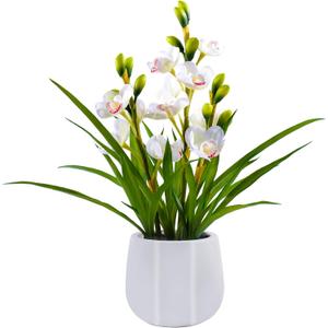 Artificial Orchid Flowers Fake Cymbidium Plant in Pot, 19" Tall Faux Orchids for Home Decor Indoor, Lifelike Silk Flowers for Centerpieces Office Arrangement-White