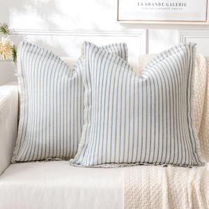 MIULEE Pack of 2 Light Blue Pillow Covers 18x18 Inch Striped Farmhouse Couch Spring Throw Pillow Covers with Fringe Chic Cotton Decorative Cushion Covers for Sofa Living Room Bed Outdoor Home Decor