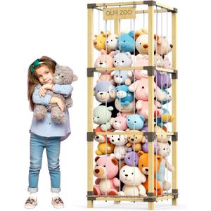 200L Stuffed Animal Zoo Storage, 3-Tier Extra Large Stuffed Animal Holder, Solid Bamboo Plushies Storage Tower with Mesh Pocket and Elastic Cords, Space Saver for Nursery Playroom Bedroom