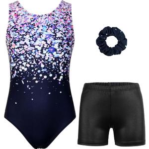 MODAFANS Gymnastics Leotards for Girls Sparkly Dance Unitards Biketards Black Activewear for Girls 2XL 12-13Y(Colorful Glitters Set)