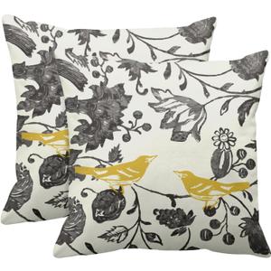 Emvency Set of 2 Floral Throw Pillow Cover Square Size 20x20 Inches Yellow Gray Vintage Bird Ivory Trendy Lumbar Decorative Pillowcase with Hidden Zipper Decor Cushion Gift for Holiday Sofa Bed