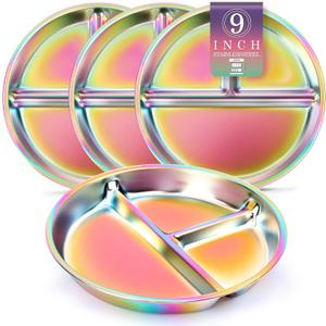 Bakpoco Stainless Steel Kids Plates 4 Packs, Deepened 9" Portion Control Plate Divided Plate for Toddlers Bigger Appetite, Non Toxic Unbreakable Metal Lunch Dishes, Colorful