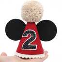 Cartoon Mouse 2nd Birthday Hat - Red & Black Party Hat for Girls Boys, Birthday Photo Props, Cake Smash, Baby Shower, Toddler Party Decorations (24 Months)