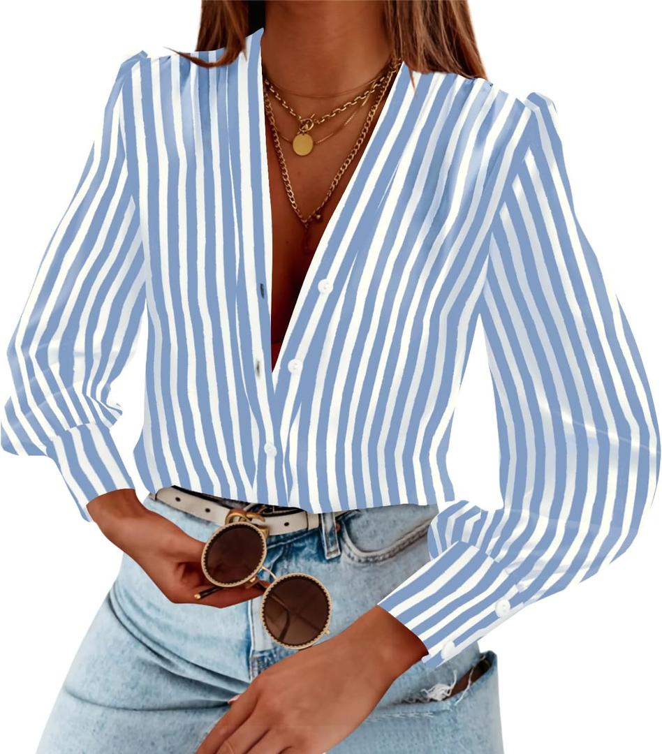 Women's Business Casual Tops Summer Long Sleeve Button Down Shirts V Neck Chiffon Blouses (Blue, S)