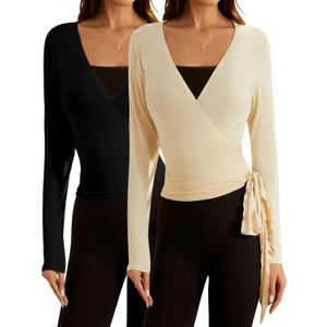 SweatyRocks Women's Pilates Outfits Wrap Tops Ballet Yoga Coquette Shirt Cute Long Sleeve Workout Activewear (Multicolor)