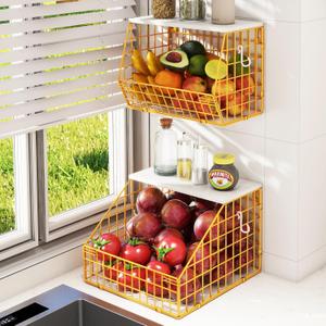 Gold Fruit Bowl, Kitchen Storage, 2 Tier Stackable Metal Countertop Organizer with Wood Lid, Hanging Pantry Organizer for Snack Storage, Fruit and Veggie Storage, Bread Storage, 2 Set