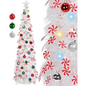 HMASYO 5 FT Pop Up Christmas Tree with Timer Lights and Decorations, White Tinsel Christmas Tree with Candy and 24 Balls Ornament, Collapsible Pencil Tree Xmas Decoration for Home, Office, Party