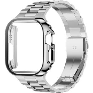 iiteeology Compatible with Apple Watch Band Ultra 3 Ultra 2 Ultra, Upgraded Stainless Steel Band with iWatch Screen Protector Case for Men Silver/Silver