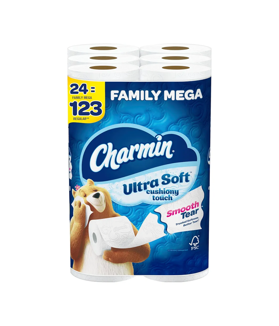 Charmin Ultra Soft Cushiony Touch Toilet Paper, 24 Family Mega Rolls = 123 Regular Rolls