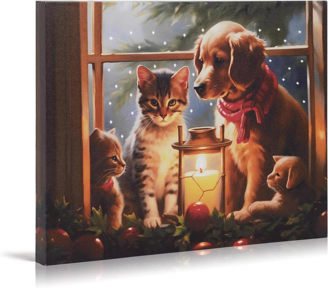 Synovana 16" x 12" LED Lighted Canvas Christmas Lighted Wall Art Canvas Dcor Lighted Up Xmas Wall Art Prints for Living Dining Room Decor