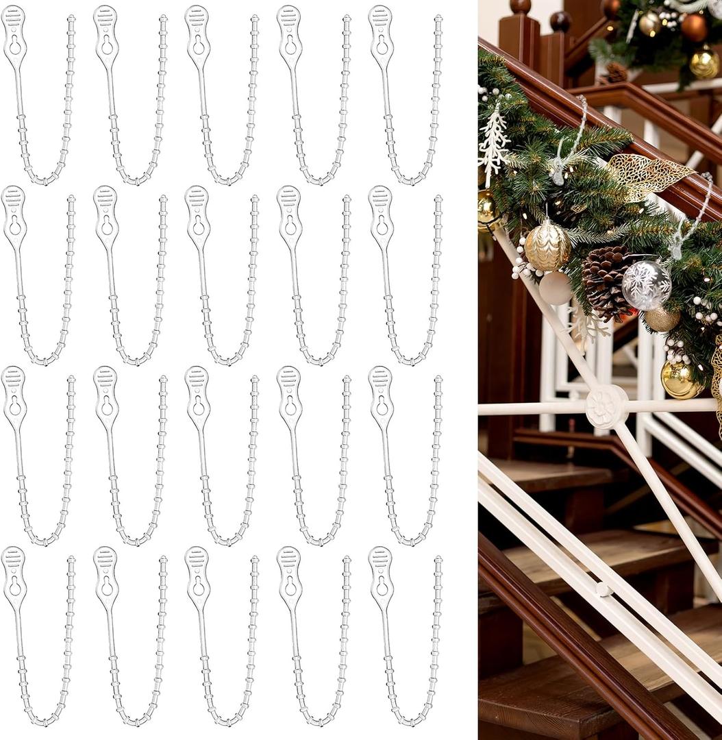 20 Pcs Christmas Garland Ties Clear Plastic Banister Garland Ties 10 Inches Decorative Reusable Soft Anti Scratch Garlands Hanger for Mantel Fences Home Xmas Holiday Craft Wrapping